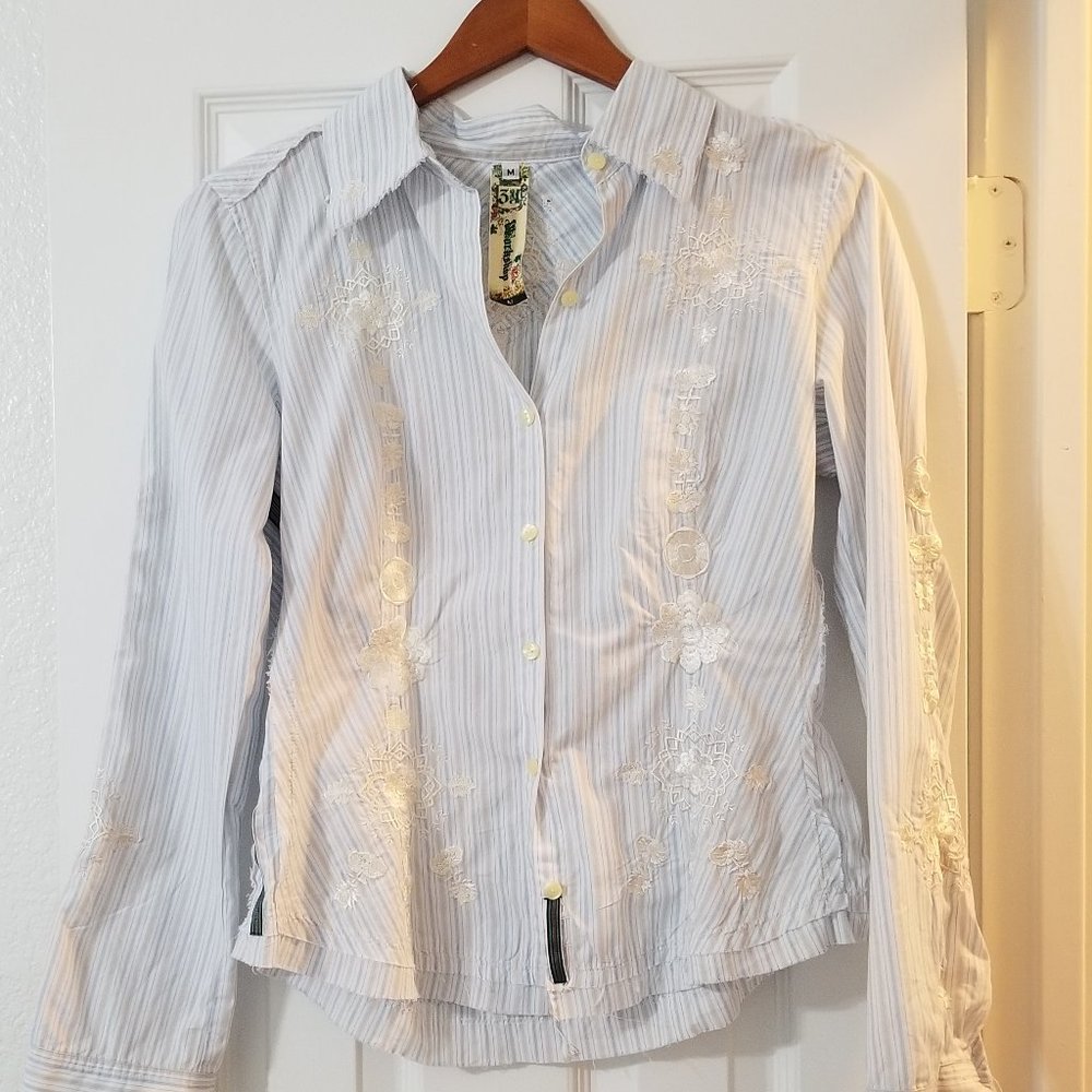 Johhny Was 3J Workshop White Blue Stripe Shirt M